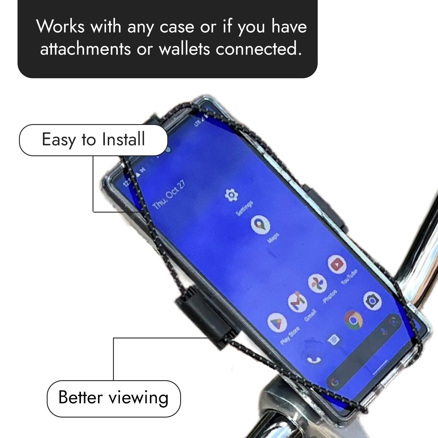 Bikase Elastokase Universal Bike Phone Mount, Flexible Rubber Handlebar Holder For Smartphones, Secure Shock Cord Grip, Fits Iph